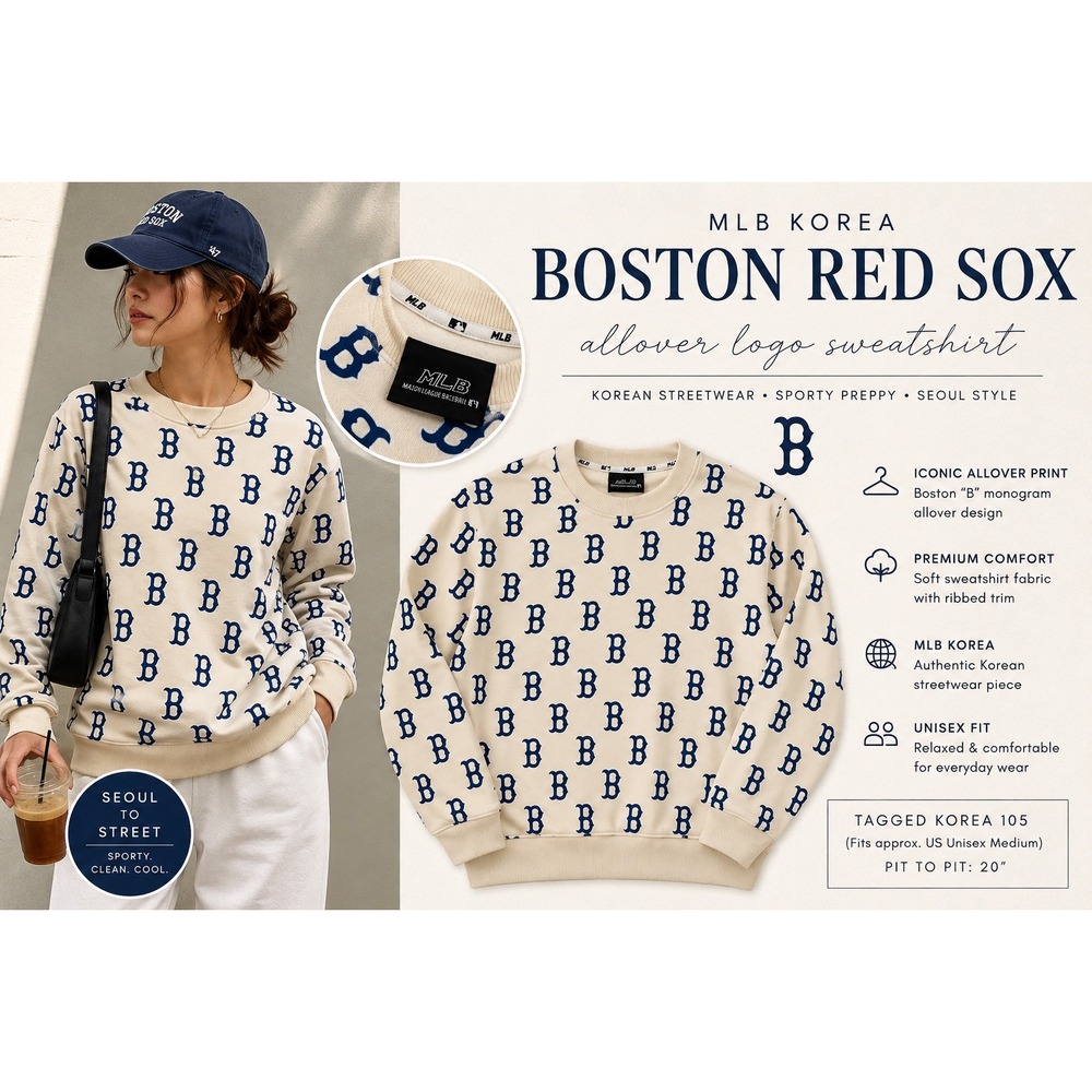MLB Korea Boston Monogram Sweatshirt Cream Blue Streetwear Pullover‎